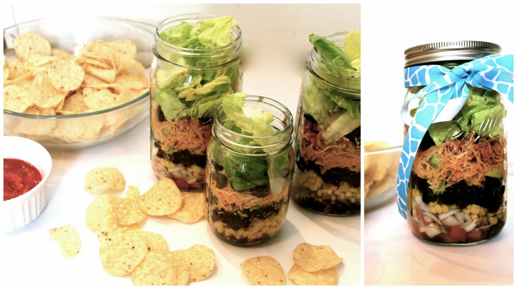 Taco Salad In A Jar - just pour in a bowl and mix! Perfect for dinner or lunch on the go! For family travels, picnics or even a cute way to make dinner for a friend in need!