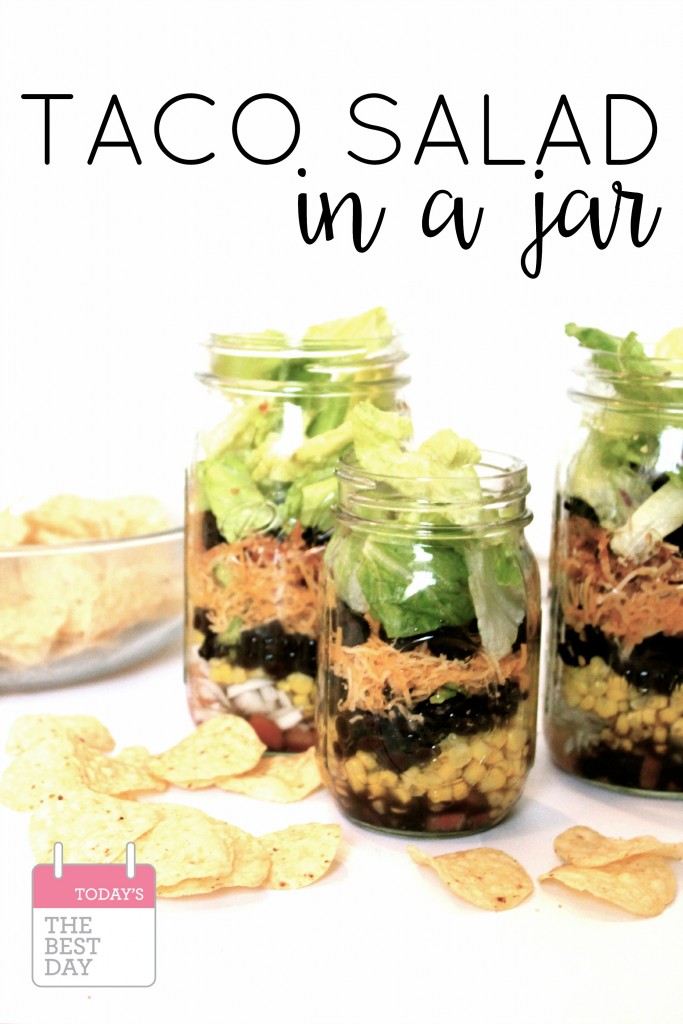 Taco Salad In A Jar - just pour in a bowl and mix! Perfect for dinner or lunch on the go! For family travels, picnics or even a cute way to make dinner for a friend in need!