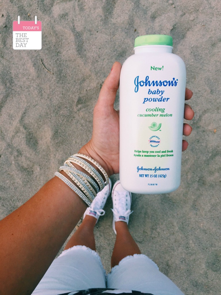 Besties! Wanna hear a crazy tip?! The beach is my FAVE! Buuuut nothing is worse than the sandy feeling getting into your car after... Right?! Especially on sandy babies! 😜 Solution: Baby Powder {doesn't need to be this specific brand} is a MUST to put in your beach bag!! It is the fastest and easiest way to get sand off of you and your sandy little babes!! Just pour a little in the sandy area and rub! The powder sucks up the moisture so it comes right up! 👍 