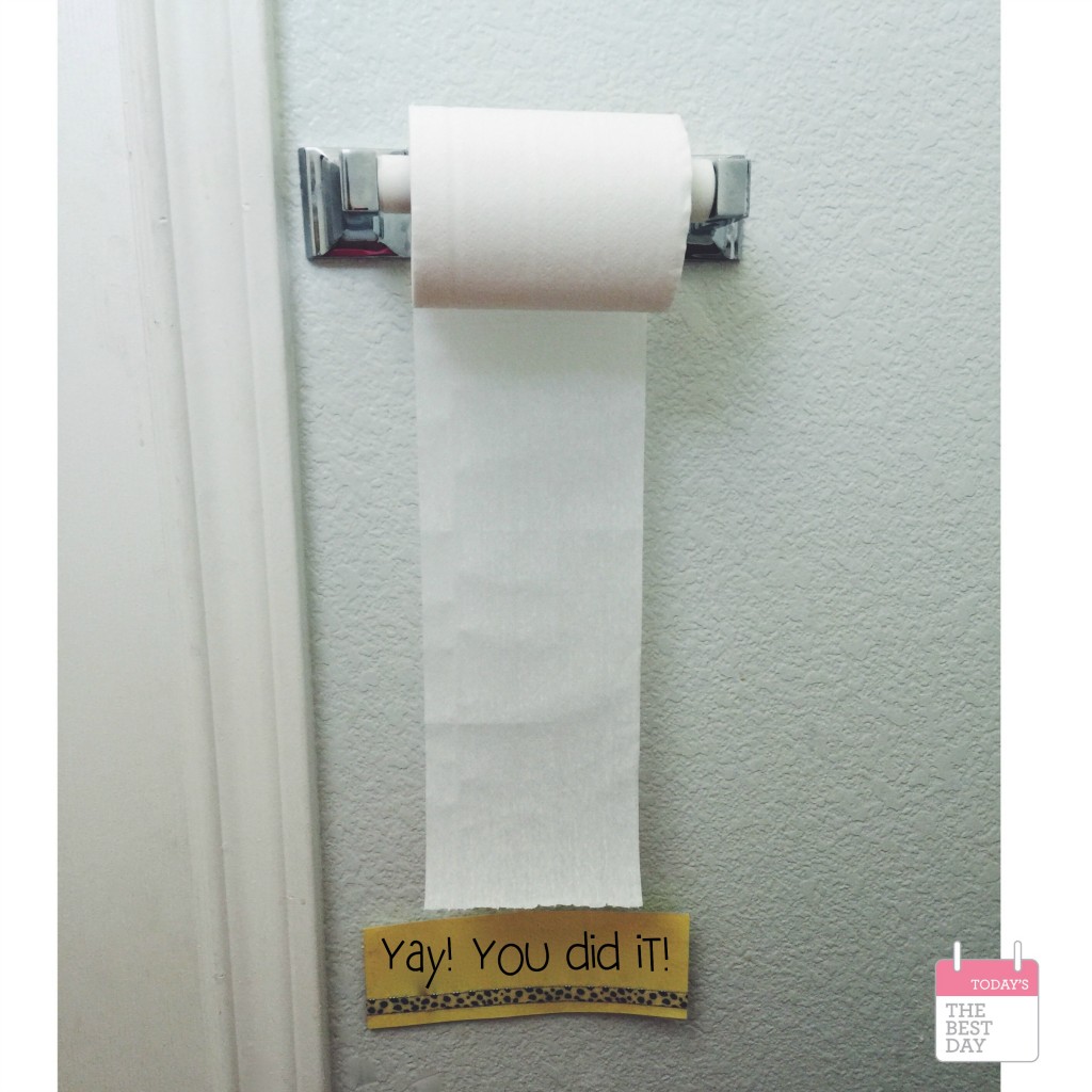 GENIUS! You know that mom moment when you walk into the bathroom and the toilet paper is... well...EVERYWHERE?! PROBLEM SOLVED: Tell those cute toddlers they get to pull the paper down to the paper - and when it gets there, they tear it off!
